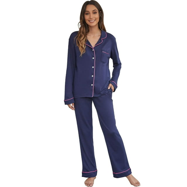 HEARTNICE Women Button up Pajama Set Long Sleeve Sleepwear Lightweight Pjs Set,(Navy,S)