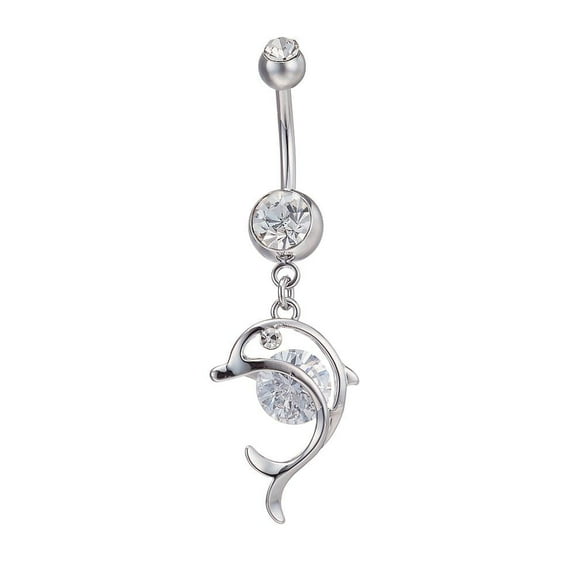 Piercing Jewelry Real Platinum Plated Brass Rhinestone Dolphin Navel Ring Belly Rings Crystal 51x16mm Bar Length: 3/8"(10mm) Bar: 14 Gauge(1.6mm)