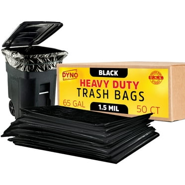Dyno Products Online  65 Gallon Large, Heavy Duty Trash Bags, 1.5 Mil Black - 50 Count - Individually Folded  – 50W x 48L