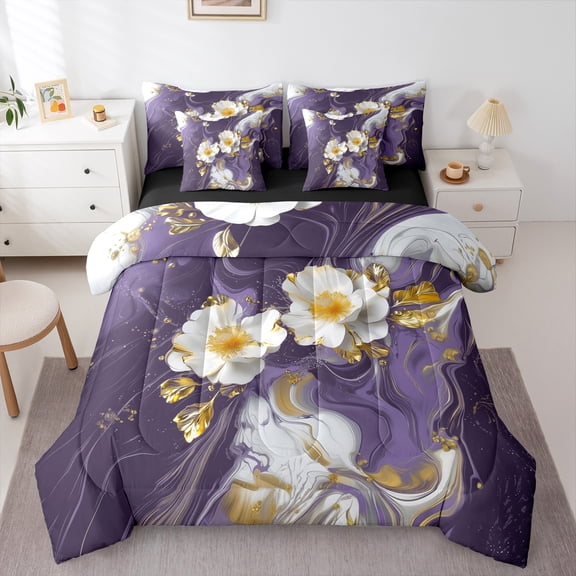 Homewish Marble Artwork Adult Twin Bedding Sets 7-Piece, Romantic Purple Abstract Bedding Comforter Set, Modern Fashion Art Reversible Sheet Sets, Breathable Home Decor