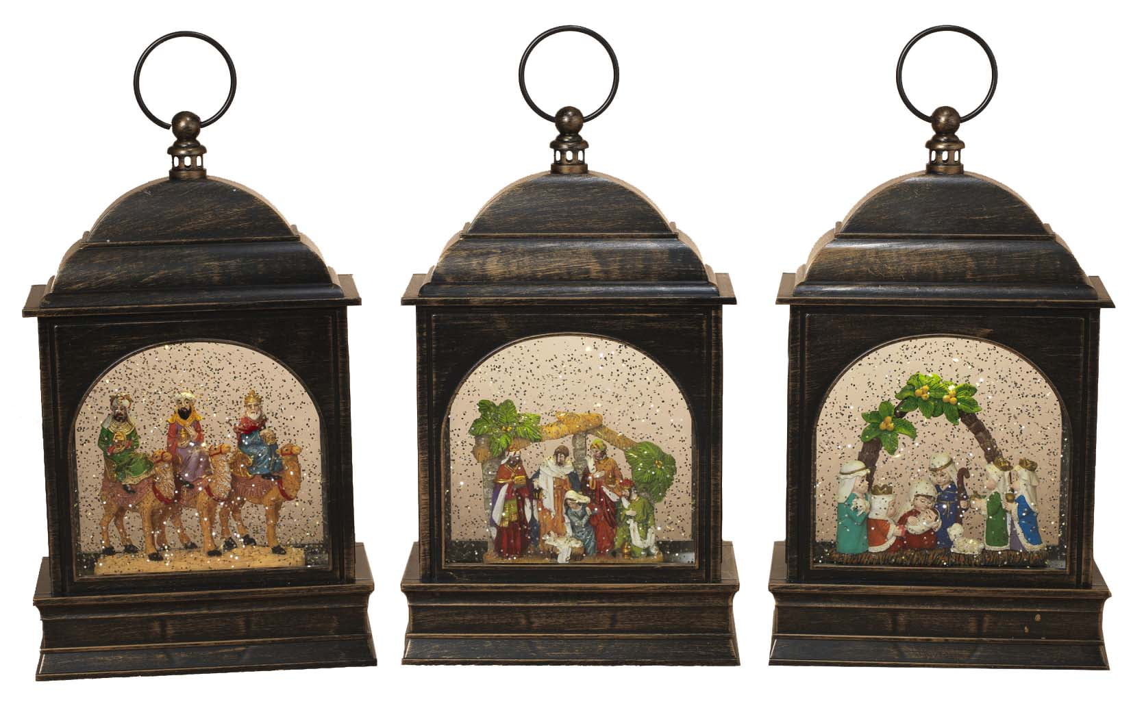 Musical Nativity Scene Winter Spinning Water Snow Globe Lanterns, (Set