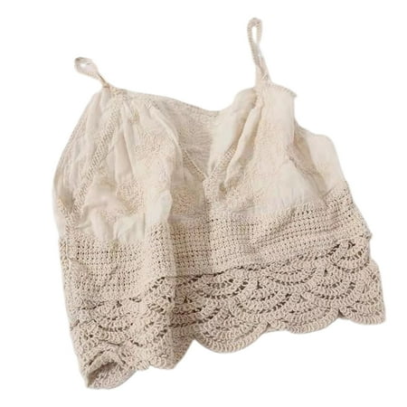 

ZPAQI Women Spaghetti Strap Lace Crop Top Hollow Crochet Knit Wavy Hem Camisole Sexy V-Neck Embroidery Floral Beach Slim Vest