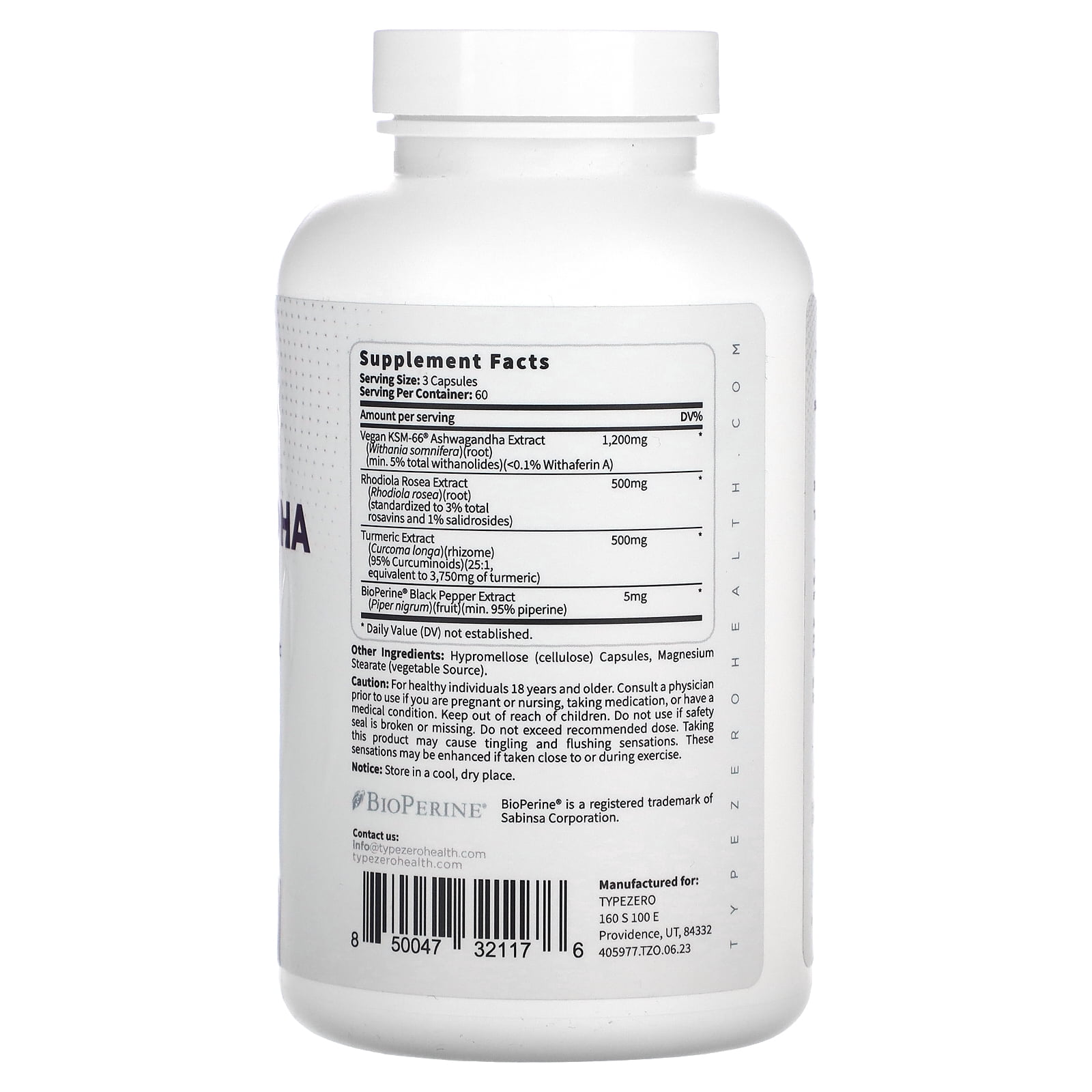 Type Zero KSM-66 Ashwagandha Root Extract 1,200mg, 60 Servings - High Potency 5% Withanolides - with Turmeric, Rhodiola Rosea and BioPerine Black Pepper Extract - 180 Veggie Caps