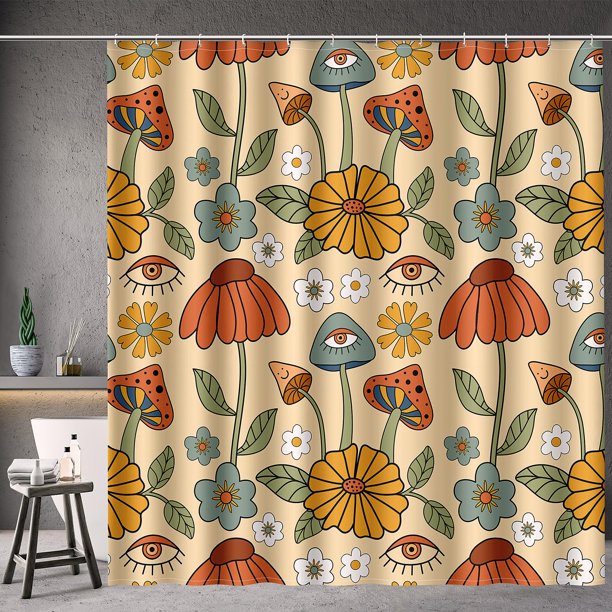 Aimego Cortina De Ducha Extralarga – Boho Mushroom Años 70 Retro Bohemio Floral Amarillo Naranja Flores Ojos Tela De Baño Juego De Cortina De Ducha Con 12 Ganchos Decoración De Baño Cortina De Bañera