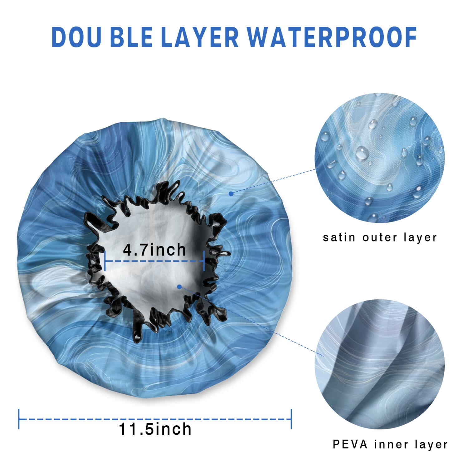 Shower Caps,Blue White Tie Dye Swirl Pattern Waterproof Shower Cap for Women 4 Pieces,Double Reusable Hair Cover for Shower PEVA Elastic Stretch Hem
