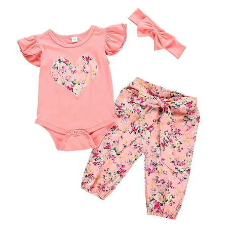 

QWERTYU Infant Baby Toddler Child Girl Boy 3PCS Clothing Set Summer Bodysuit and Floral Pants Set Outfit Short Sleeve with Headband Pink