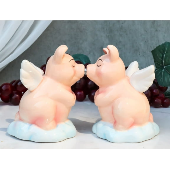 Ceramic When Pigs Fly Angel Pig Couple On Clouds Kissing Salt And Pepper Shakers