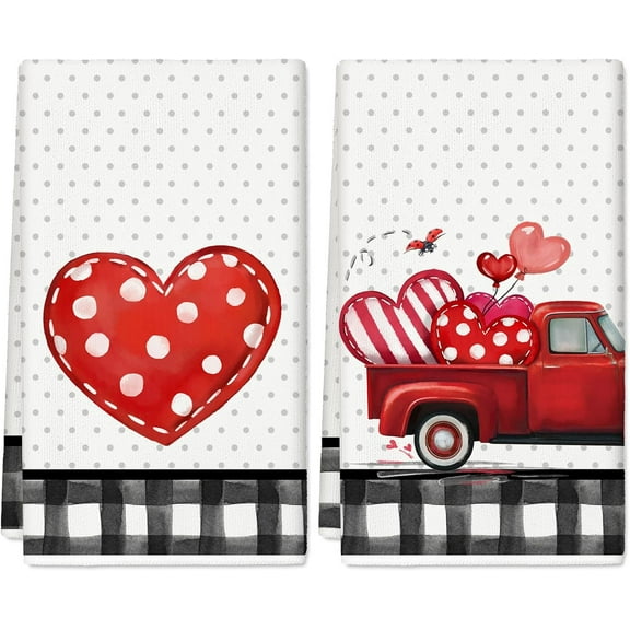 qefuia Valentine''s Day Kitchen Towel 18 x 26 in Farmhouse Buffalo Plaid Red Heart Dish Towel Love Truck Hand Drying Towel Tea Towel for Wedding Anniversary Cooking Baking, Set of 2