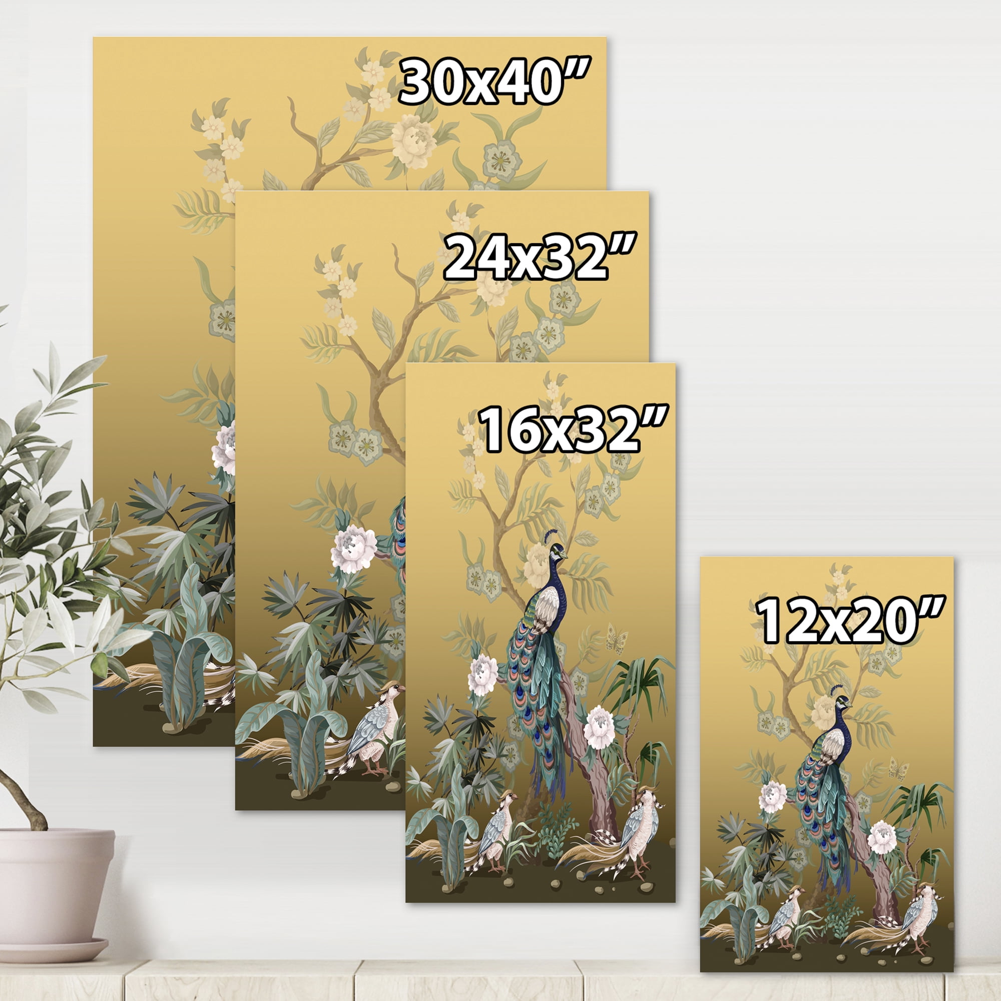 Designart ' Chinoiserie With Peonies and Birds VI ' Traditional Canvas Wall Art Print