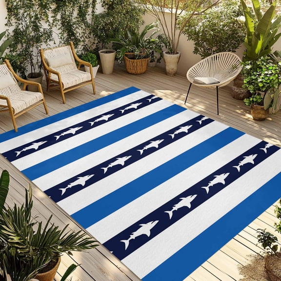 Ocean Shark Stripes Outdoor Area Rug 5x8ft Decorative Indoor Outdoor Rug Blue White Striped Patio Area Rug for Porch, Deck, Balcony, Entryway, Camping & RV