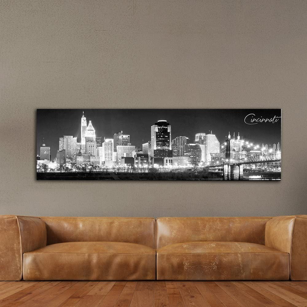 Panoramic Cincinnati Cityscape Picture, Black and White Stretched