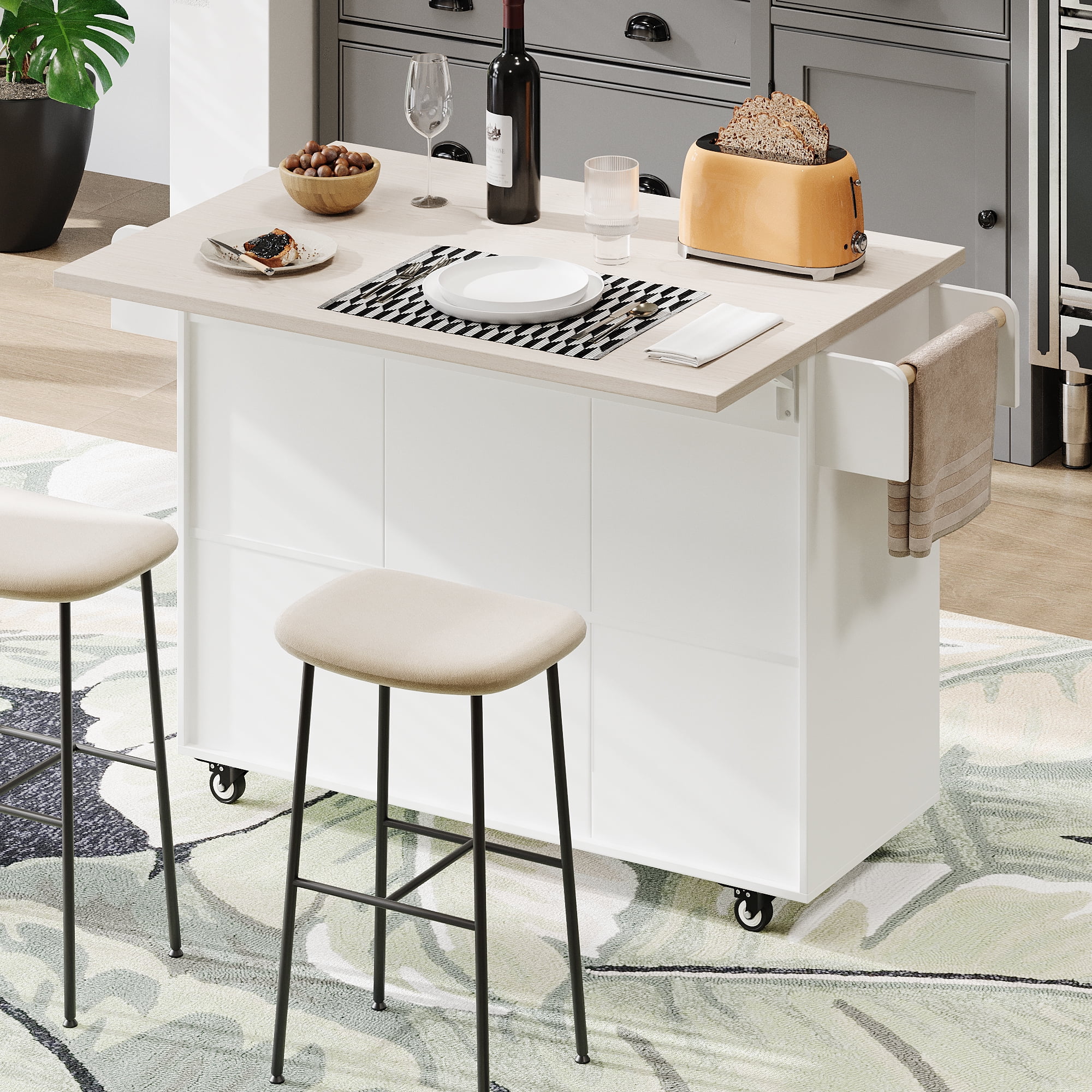 Euroco Kitchen Island Cart with Drop Leaf, Tilt-Out Trash Cabinet, Drawers and Shelves, Mobile and Stationary Options, 51” Wide