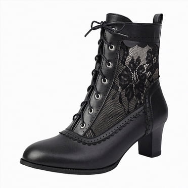 Splozh Women Boots Boots for Women Retro Mid Calf Boots Casual Pointed Toe Lace up Shoes Black,US 8.5
