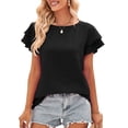 thumbnail image 1 of Top de verano para mujer, camiseta informal de Color puro con cuello redondo y mangas cortas con volantes dobles, 1 of 8