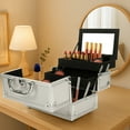 thumbnail image 4 of Aluminum Makeup Train Case for Lady, Portable Cosmetic Box Jewelry Organizer with Mirror, Makeup Storage Box with 2-Tier Trays, Silver, 4 of 9