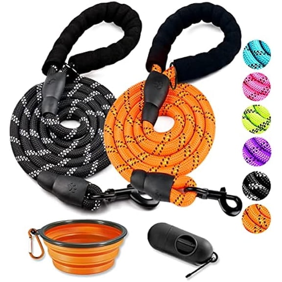 Eryueer 2 Pack Dog Leash 6 FT Heavy Duty - Comfortable Padded Handle - Reflective Dog Leash for Medium Large Dogs with Collapsible Pet Bowl Set 7-Black Orange
