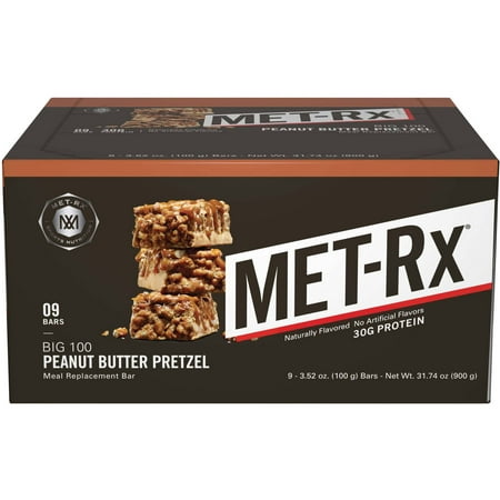 Met-Rx Big 100 Bar, 32 Grams of Protein, Peanut Butter Pretzel, 3.52 Oz, 9 Ct