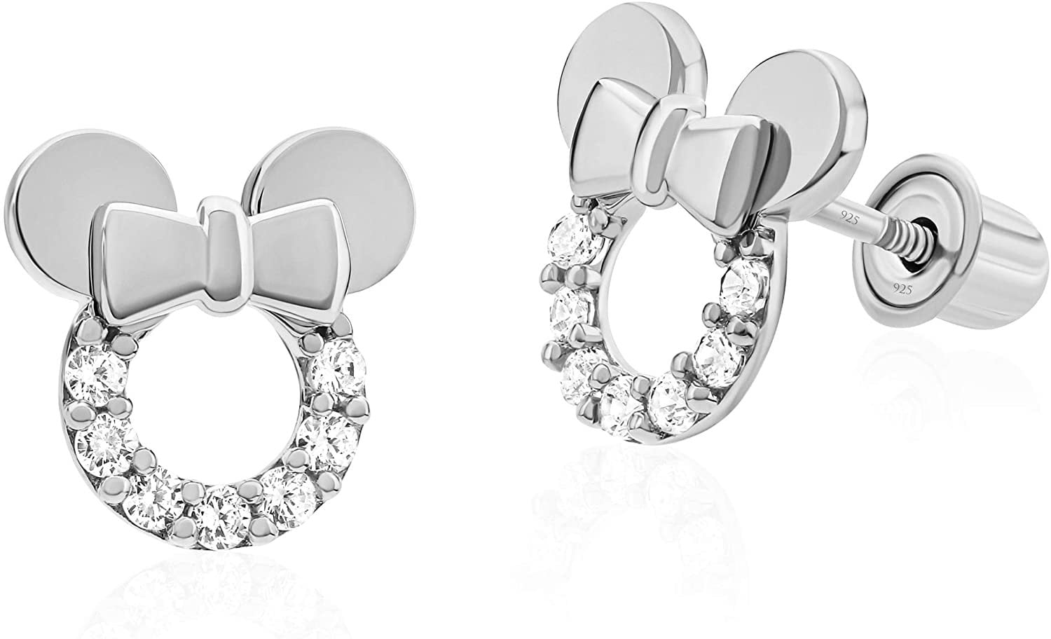 925 Sterling Silver Mouse Cubic Zirconia Screwback Stud Earrings