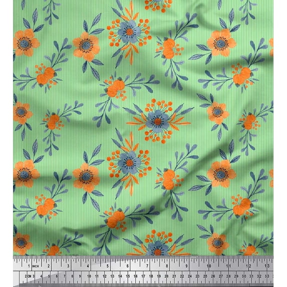 Soimoi Viscose Chiffon Fabric Stripe,Leaves & Flower Print Fabric by Yard 42 Inch Wide