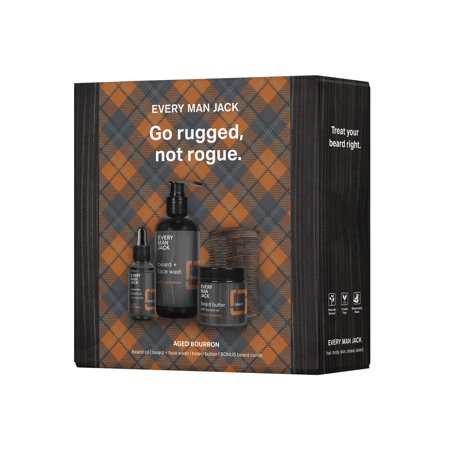 Every Man Jack Aged Bourbon Beard Kit for Men (Face Wash  Beard Oil + Balm  Comb)  Naturally Derived