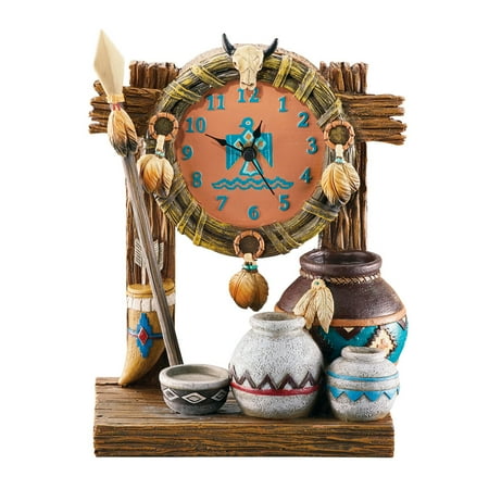 Native Americans Feathers - Table Clock with Native American Accents of Spear, Pots, Feathers and Wreath, Hand Painted Southestern Décor