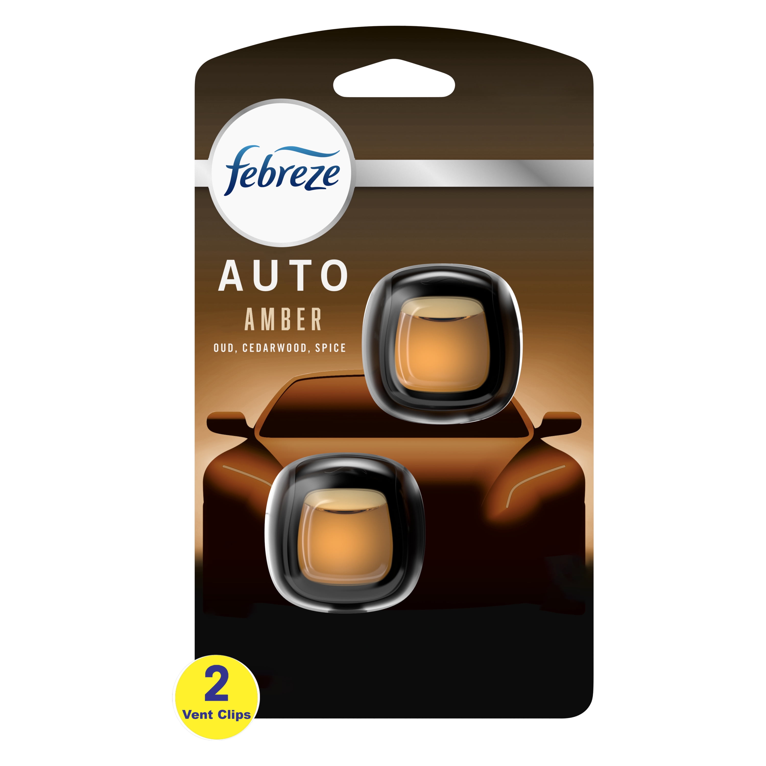 Febreze AUTO Air Freshener Vent Clip Amber Scent, .07 oz Car Vent Clip, Pack of 2