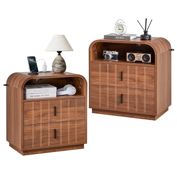 LEFHDA Mid-Century Modern Nightstand with Charging Station & 2 Drawers - Wooden Bedside Table with Open Cubby Storage for Bedroom, Living Room, Office (Set of 2)