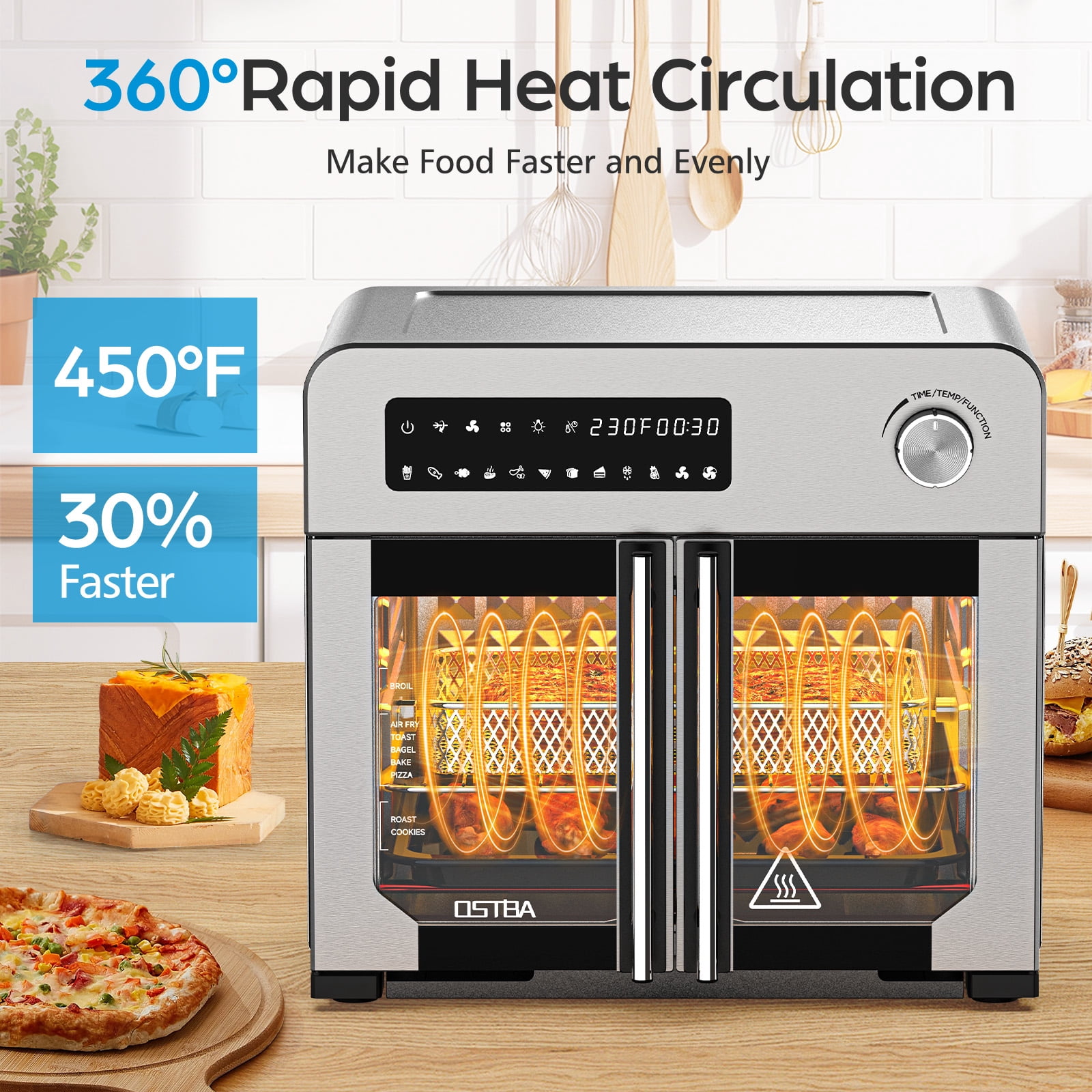 OSTBA 10‑in‑1 French Door Air Fryer Toaster Oven Combo, 24QT Countertop Convection Oven with 102 Recipes & 7 Accessories, 30% Faster Cooking, 90% Less Oil, Stainless Steel
