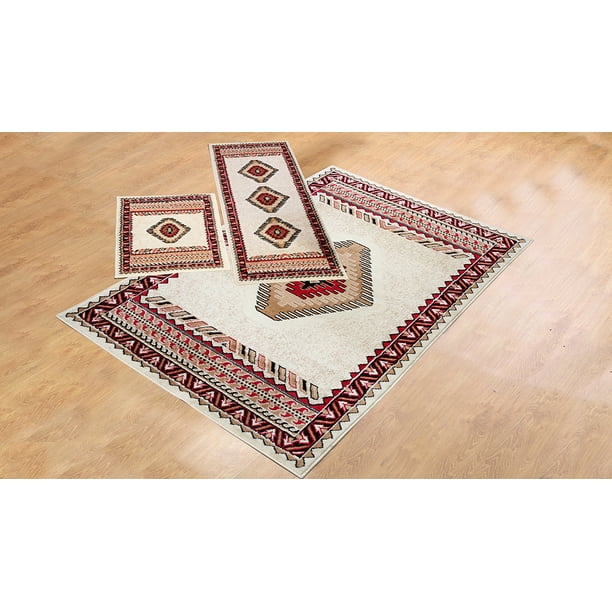 3 Piece Southwestern Contemporary Geometric Area Rug Tucson Cream Set