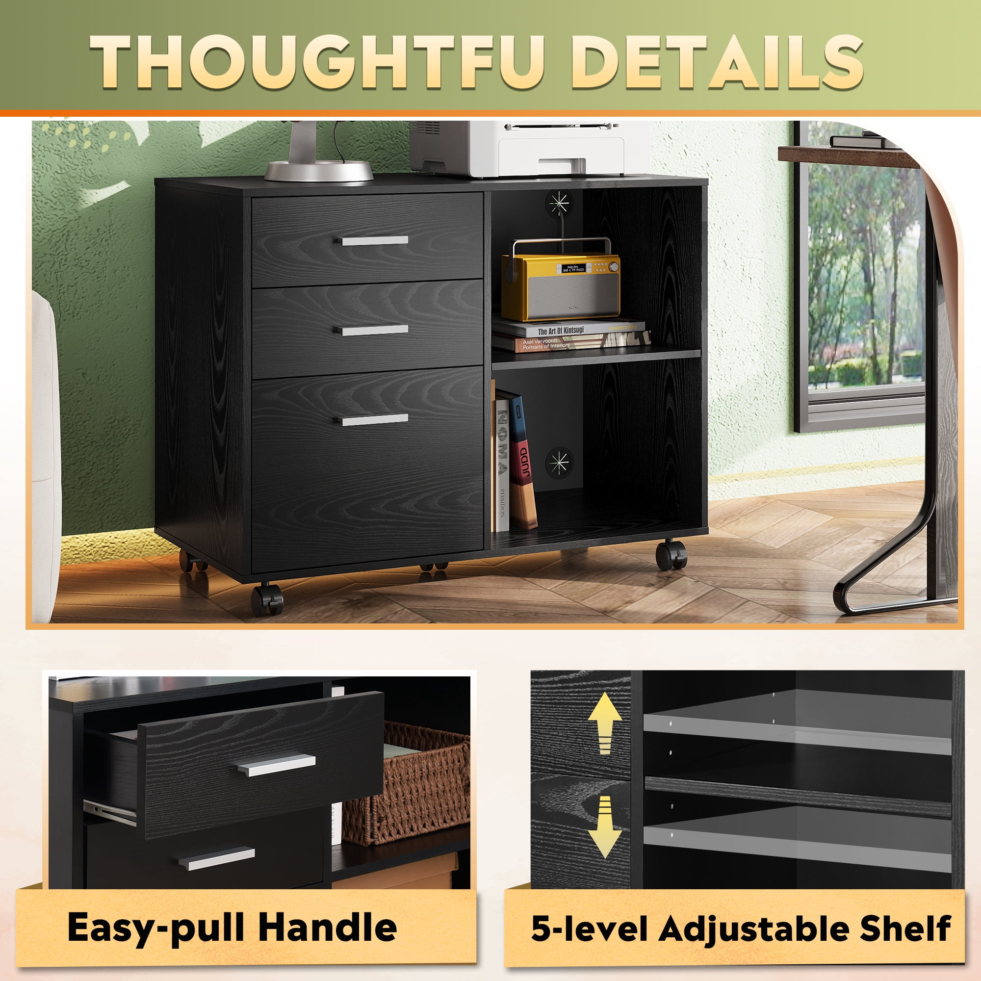 GALAXHERO 3-Drawer Wood File Cabinet, Mobile Lateral Filing Cabinet with Printer Stand and Open Shelves for Home Office, Black