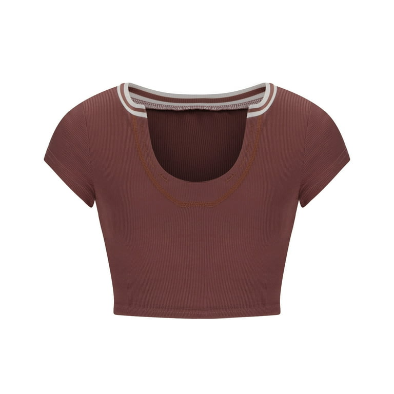 RQYYD Women V Neck Short Sleeve Crop Top Y2k Slim Fit Solid
