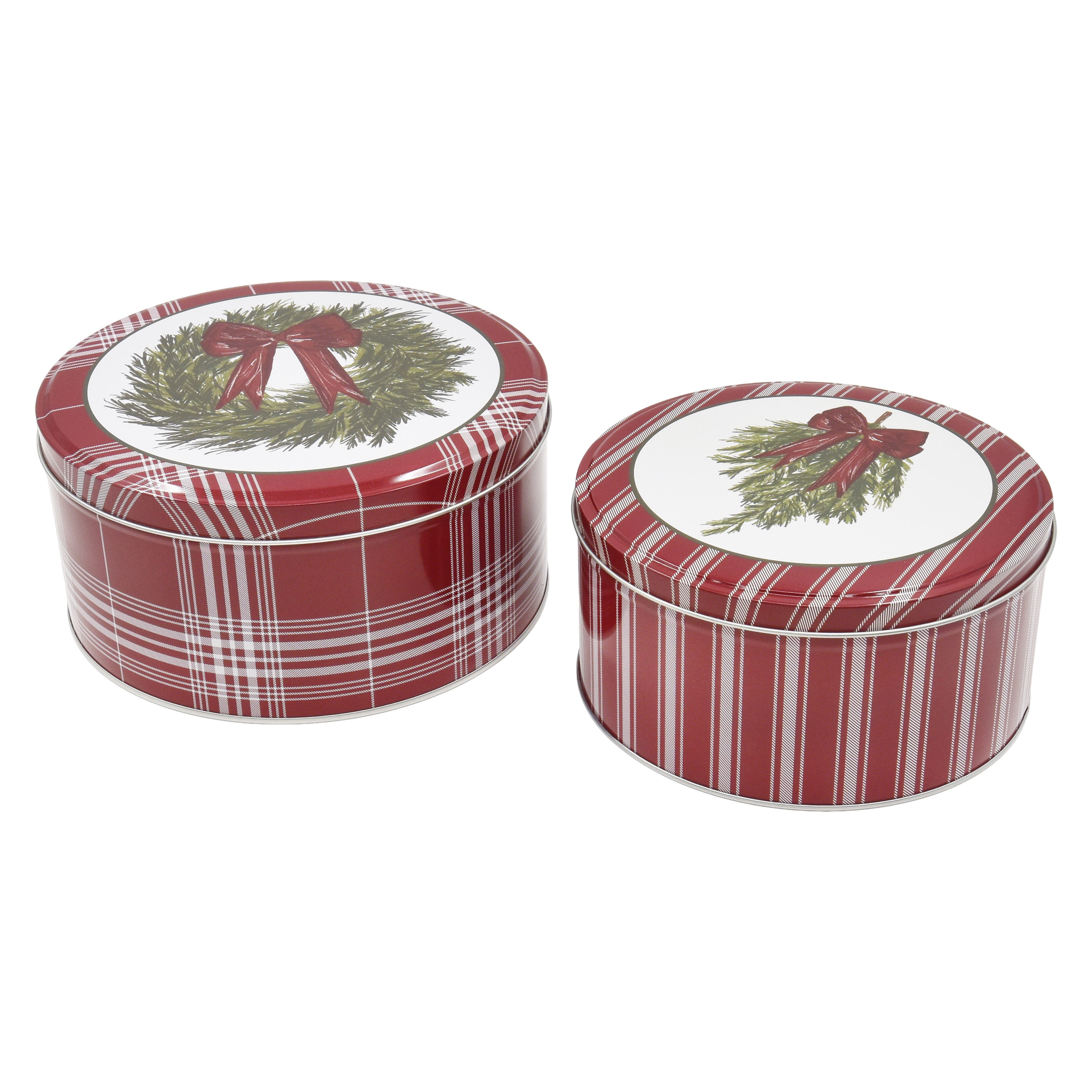 Holiday Time Christmas Swag Red Ribbon Bow Metal Round Gift Tin with Lid, Red White Stripes, Medium, <ul><li>Holiday Time Christmas Swag Red Ribbon Bow Metal Round Gift Tin with Lid, Red White Stripes, Medium</li><li>Made from durable tin-plated steel</li><li>Reusable and eco-friendly</li></ul>