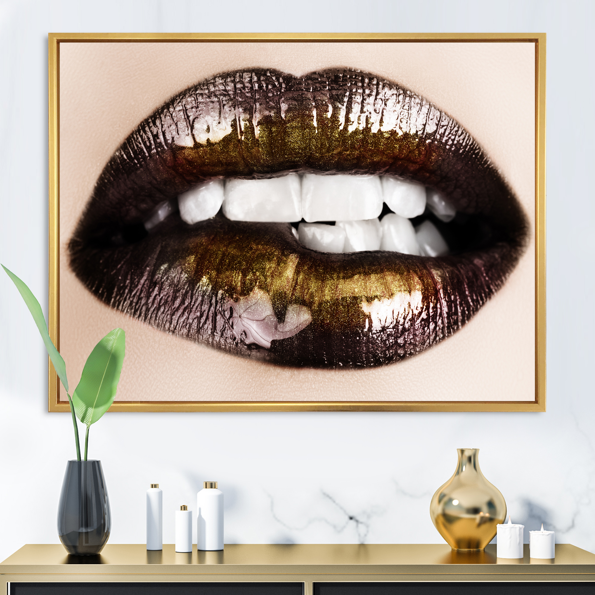 Designart 'Gold Black Lips Biting' Modern Framed Canvas Wall Art Print