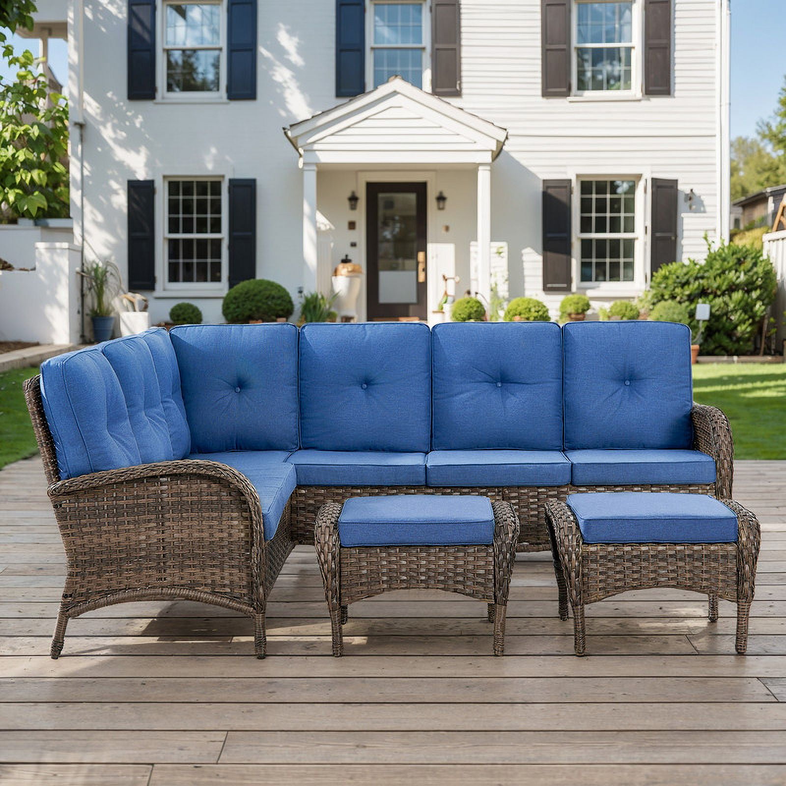 PARKWELL Outdoor Sectional Sofa Furniture Set,Patio Wicker L Shaped Couch High Back Conversation Set with Ottomans for Garden Yard,Brown Wicker Navy Cushion