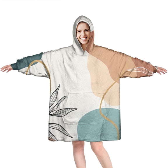 Wearable Oversized Blanket,Brown Boho Abstract and Plant Pattern Wearable Blanket Hoodie for Adults,Cozy Hooded Blankets with Super Pockets,Super Warm Fuzzy Pullover for Women & Men