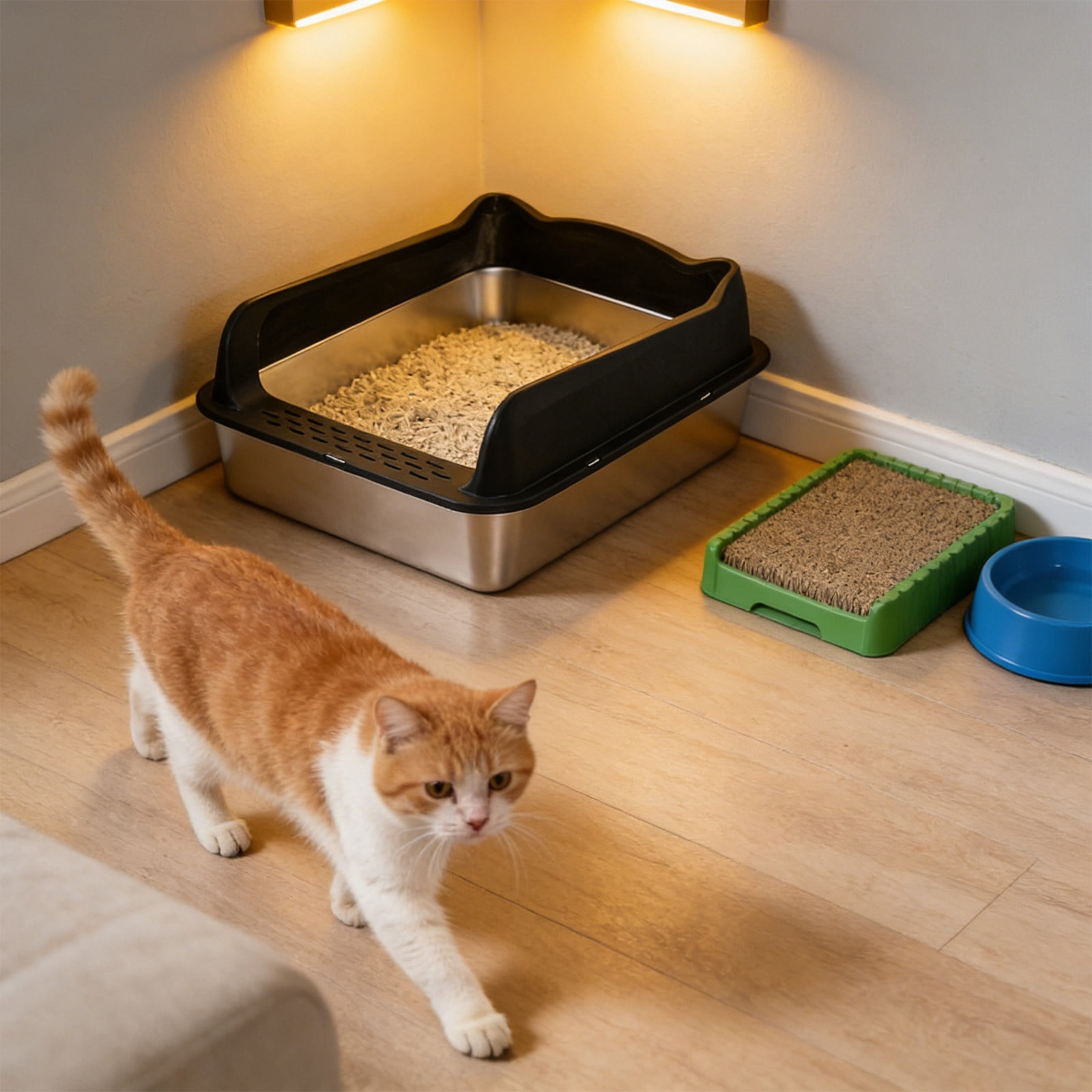 Stainless Steel Semi Enclosed Cats Litter Box High Wall Oppose Scatter Odor Control Kitty Litter Pan Non Slide Base Foolproof Clean Designs Black