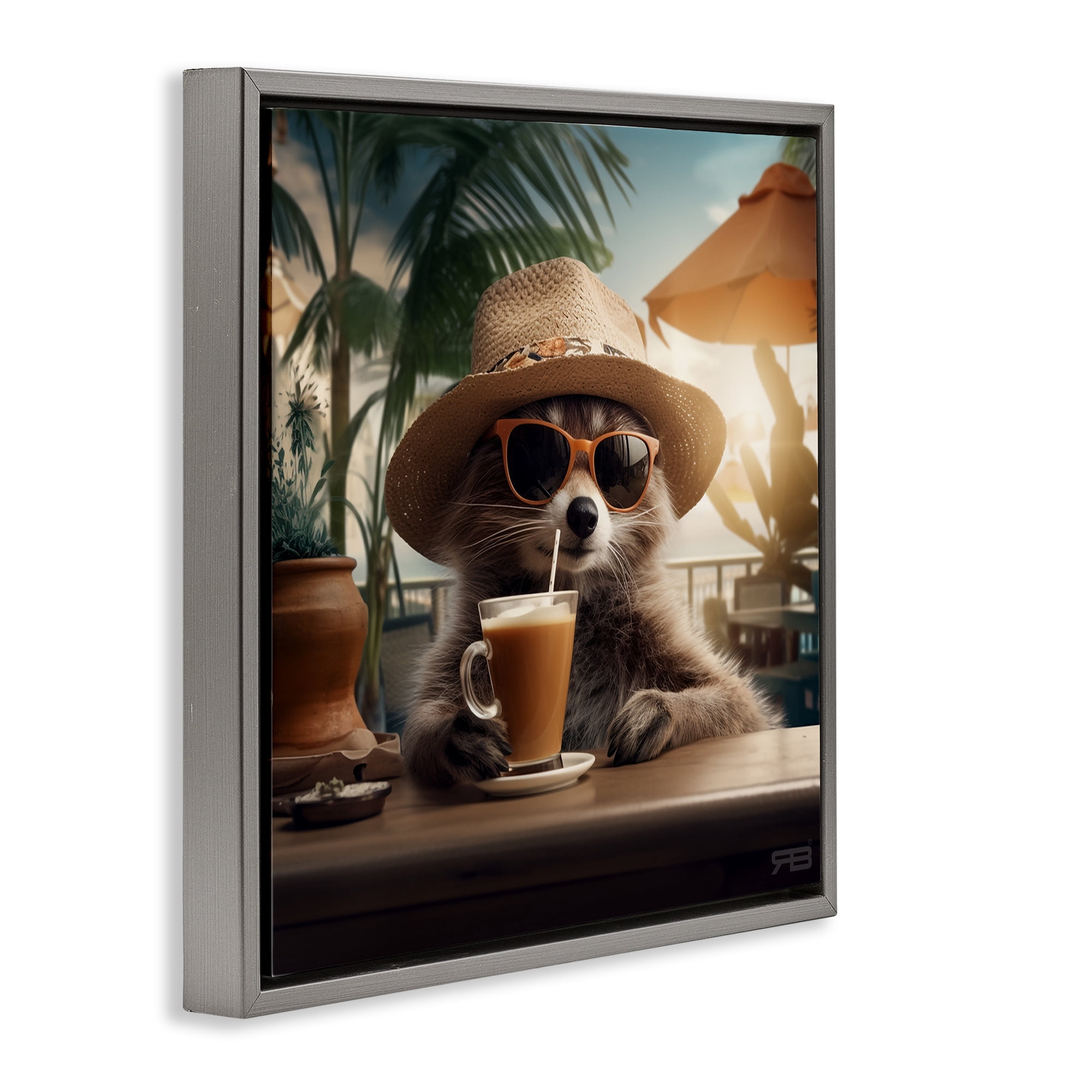 Stupell Industries Animal Sipping Tropical Drink Animals Painting Gray Floater Framed Canvas Art Print Wall Art, 25 x 25