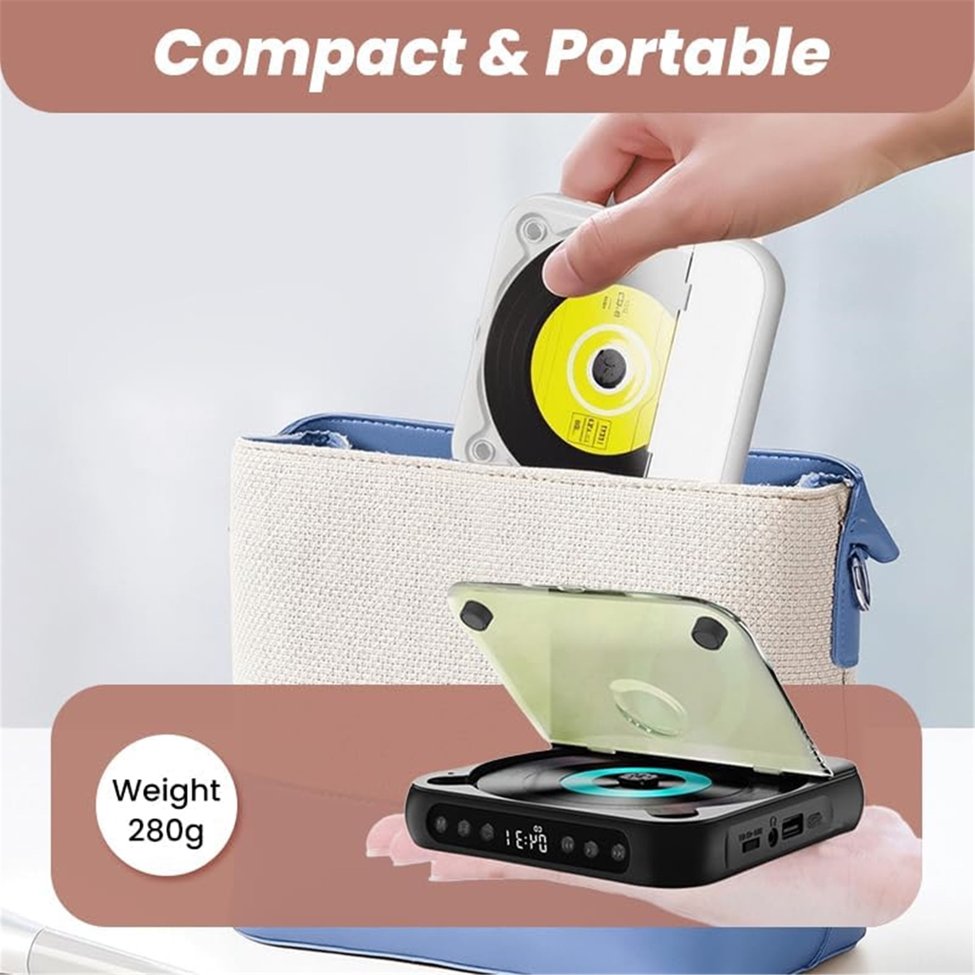 SQDWYGG 2025 Upgraded Portable Bluetooth-Compatible CD Player|Bluetooth 5.3|Hi-Fi Sound|Rechargeable Battery|Supports CD/CD-R/CD-RW/MP3|Compact&Lightweight Music Player for Travel,Home,Car,Pink