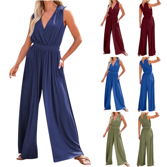 ZyeKqe Jumpsuits for Women Dressy Sleeveless V Neck Long Rompers Wide Leg Pleated Pants Overalls 1 Piece Tank Jumpsuit