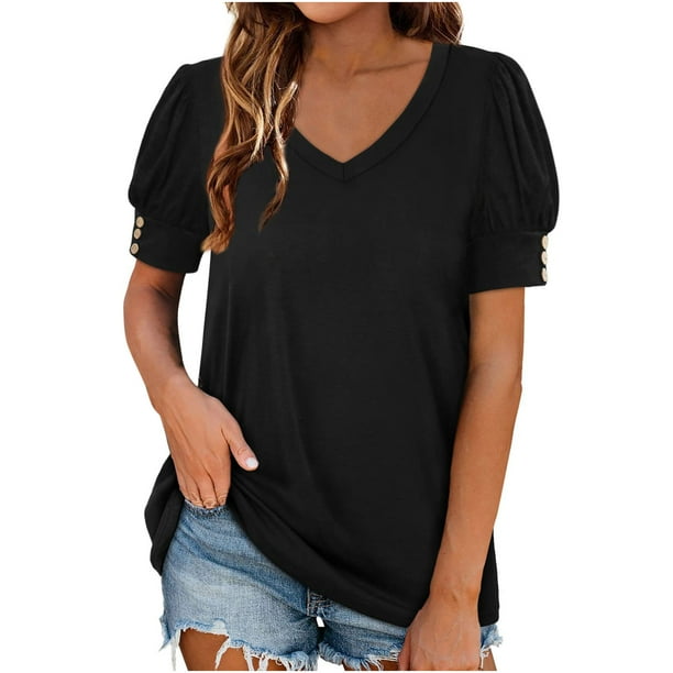 Mujeres sueltas casual manga corta cuello pico sólido casual blusa camiseta túnica tops OAVQHLG3B Store lin121212