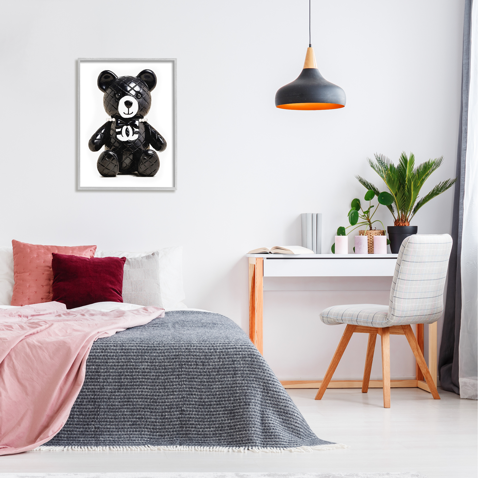 Stupell Industries Black Glam Teddy Bear Beauty & Fashion Painting Gray Framed Art Print Wall Art, 24 x 30