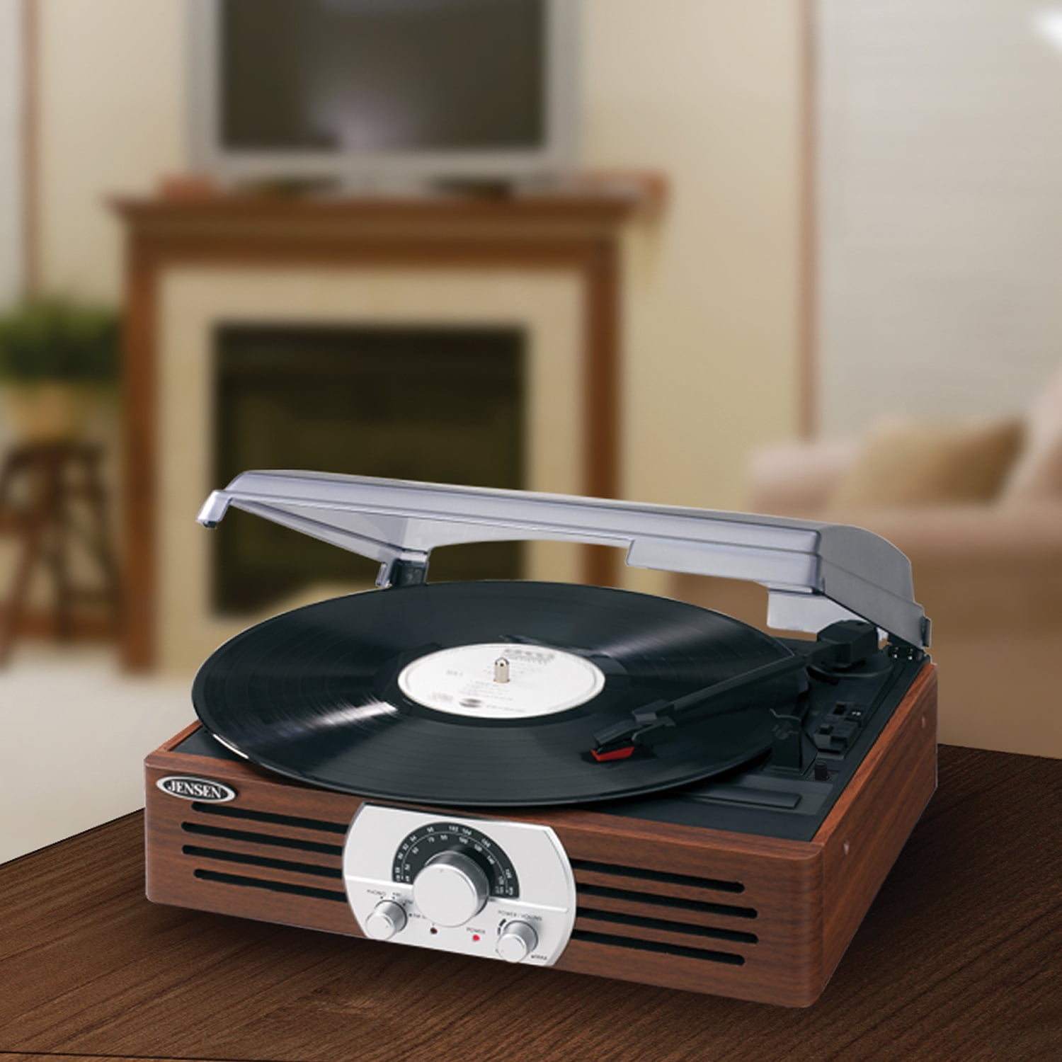 JENSEN 3-Watt 3-Speed Belt-Drive Manual Retro Turntable with Built-in Speakers, Pitch Control, AM/FM Radio, Antique Wood Case Design, JTA-222