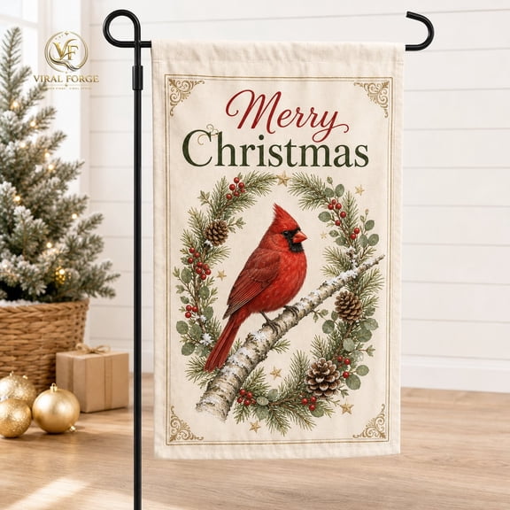 Garden Flag Merry Christmas Cardinal Wreath Polyester Porch Decor Holiday