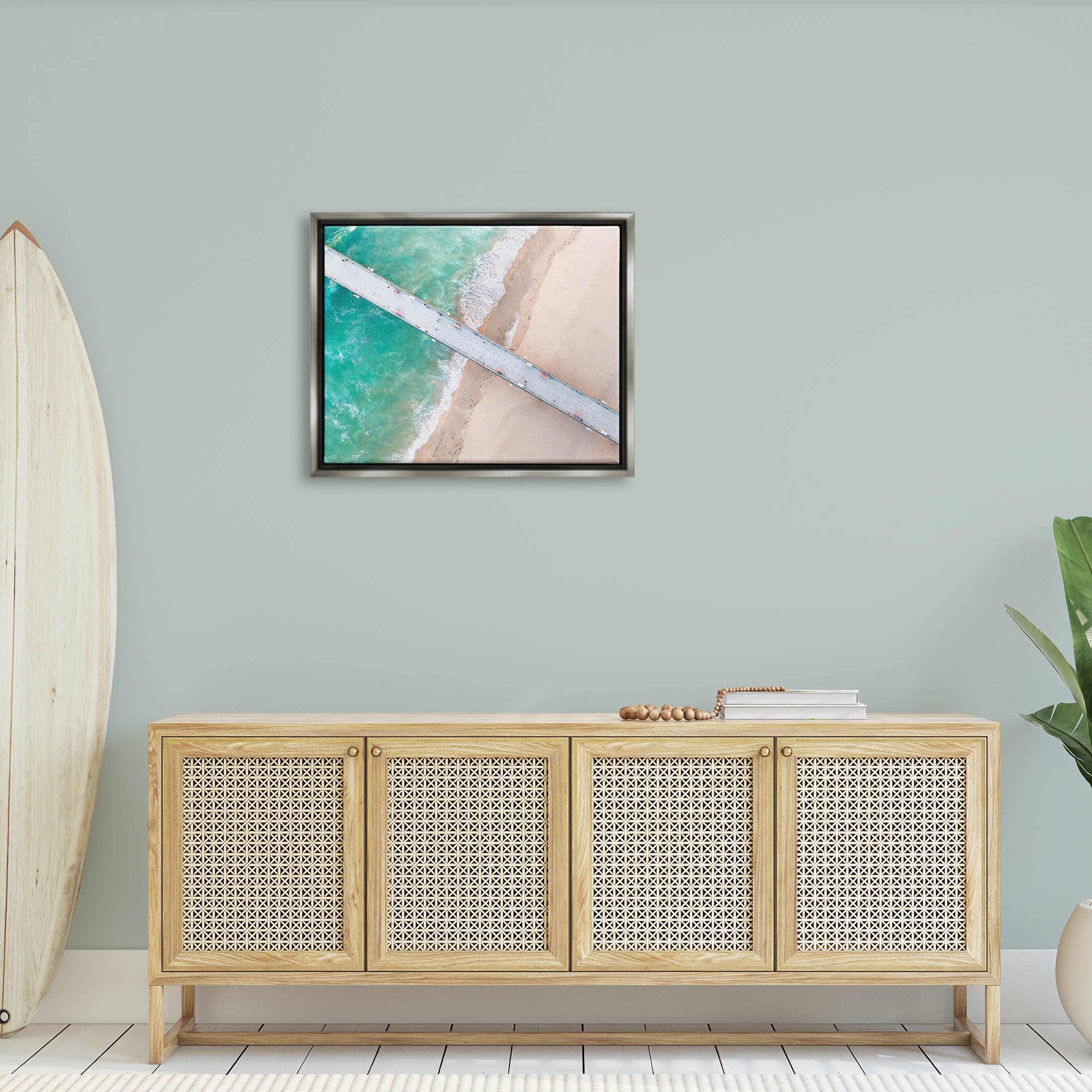 Aerial Ocean Beach Bridge Coastal Photograph Luster Gray Framed Art Print Wall Art