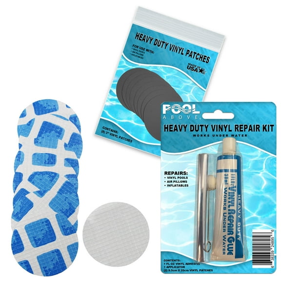 Pool Above Underwater pool repair kit for frame set and easy set pool | Vinyl glue and reinforced patch material to match your pool | Blue and white pool liner patch kit