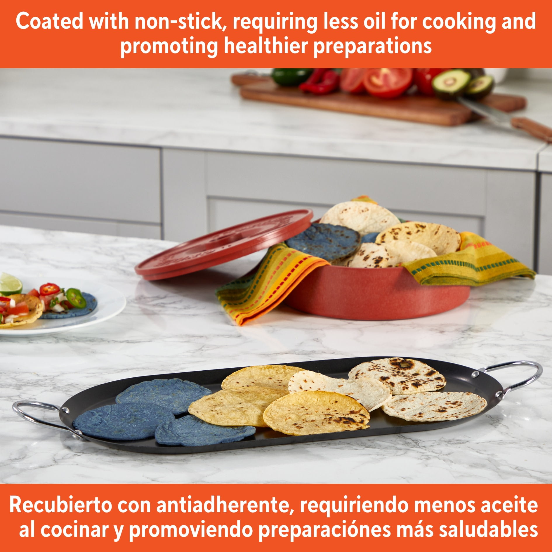 IMUSA 17in Carbon Steel Nonstick Oval Comal with Metal Handles, Black
