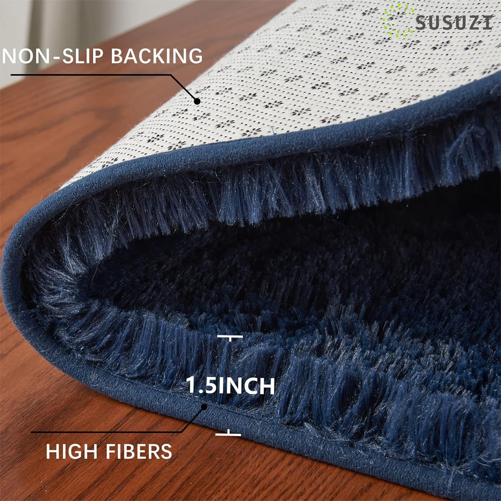 SUSUZI 5' x 7' Shaggy Area Rug, 2 Inch Thick Fluffy Plush Carpet with Non-Slip PVC Back, Dark Blue Modern Soft Rug for Bedroom Living Room Kids Room