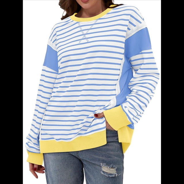 Sudadera Informal de Larga con Cuello Redondo y Rayas de Color Block para Mujer. Azul XL