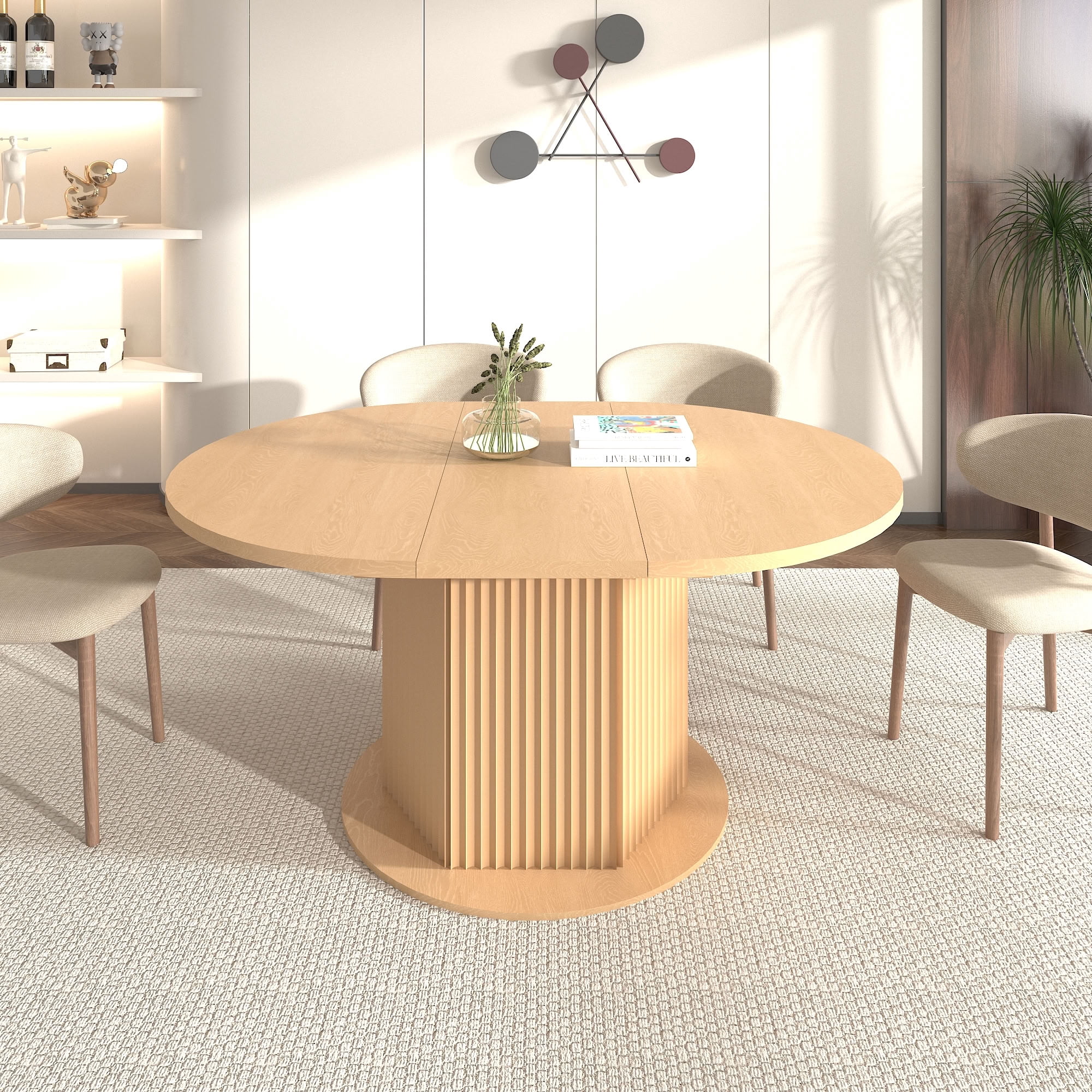 MAYEERTY Expandable Round Dining Table for 4 to 6 Adults, Extendable Kitchen Dinner Table with Removable Leaf, for Home Dining Room, Family Party, Apartment Furniture