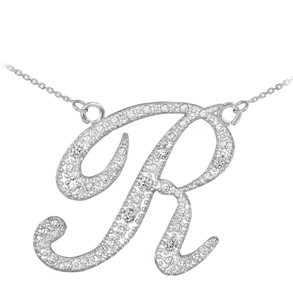 14K WHITE GOLD LETTER SCRIPT "R" DIAMOND INITIAL NECKLACE :  18"